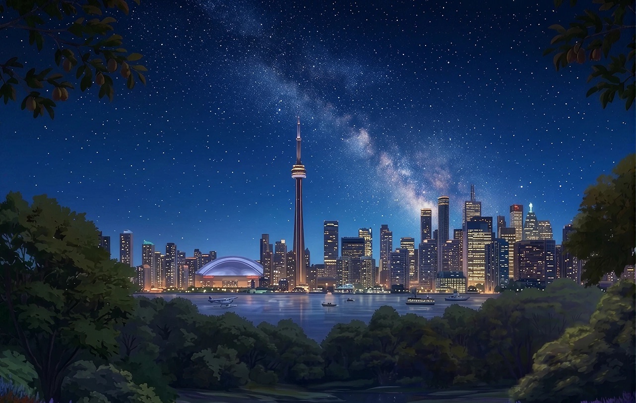 Toronto skyline at night under a starry sky, the CN Tower lit above the downtown lights and the lake
